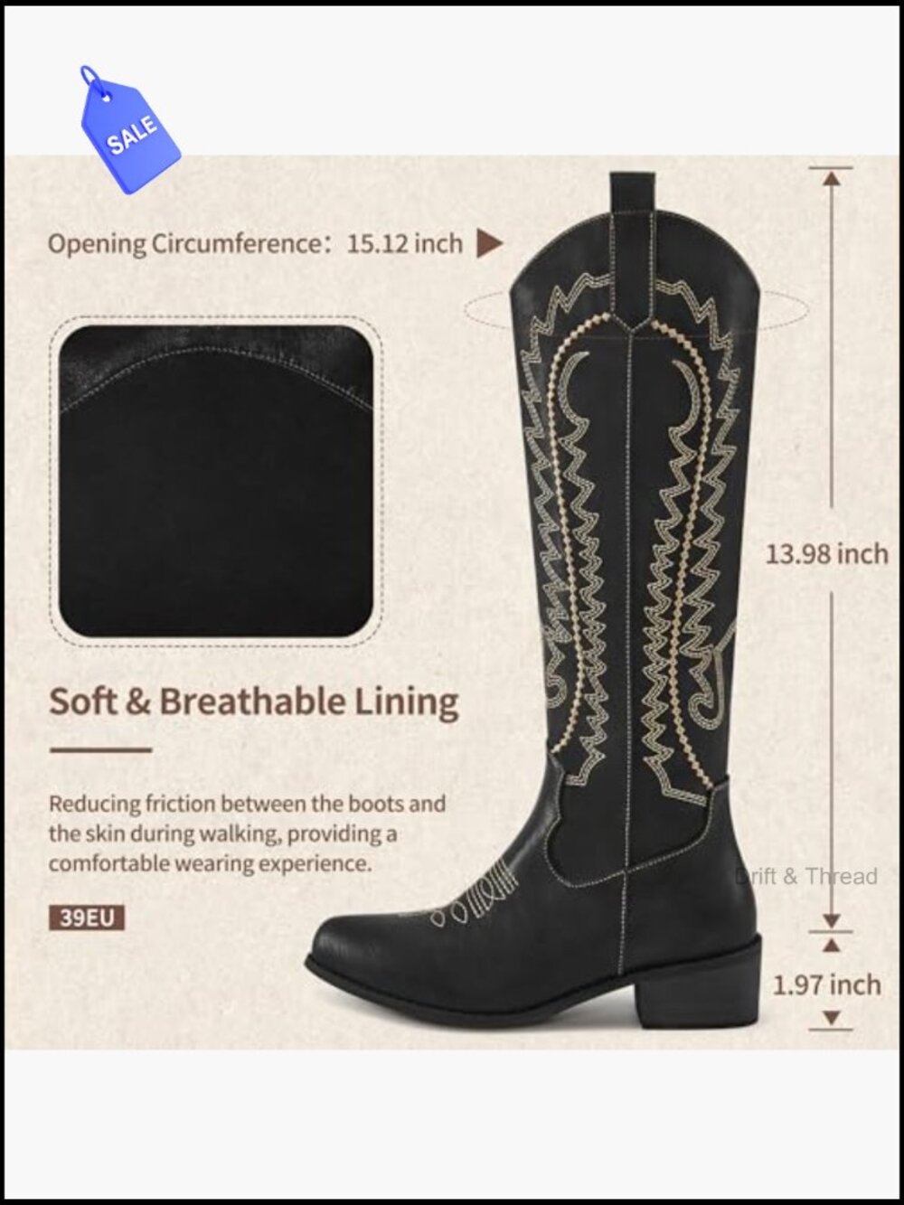 Embroidered Knee High Cowboy Boots with Chunky Heel, Pointed Toe, Side Zipper - Picture 4 of 7